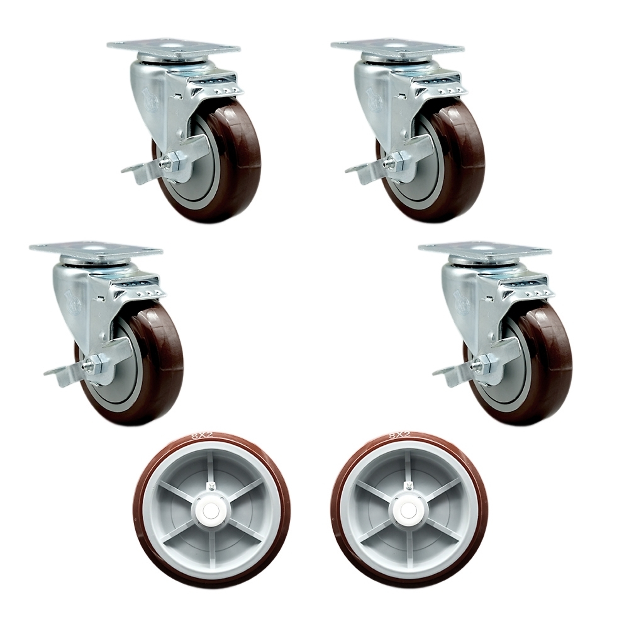 Service Caster, Plate Casters, Caster Type Swivel, Package (qty.) 6, Model# REG-20S414PPUBMRN-TLB-TP2-4PPUD820-2